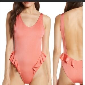 Something Navy Ruffle Swimsuit One Piece Coral Sz m NEW